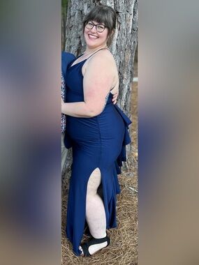 Honey and Rosie Navy V-Neck Spaghetti Strap Maxi Form-Fitting Ruffle Back Dress